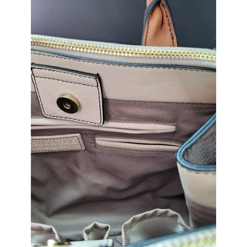 London Fog Women's Satchel Bag Medium Cognac and Off White Snap Zippers - Picture 14 of 16